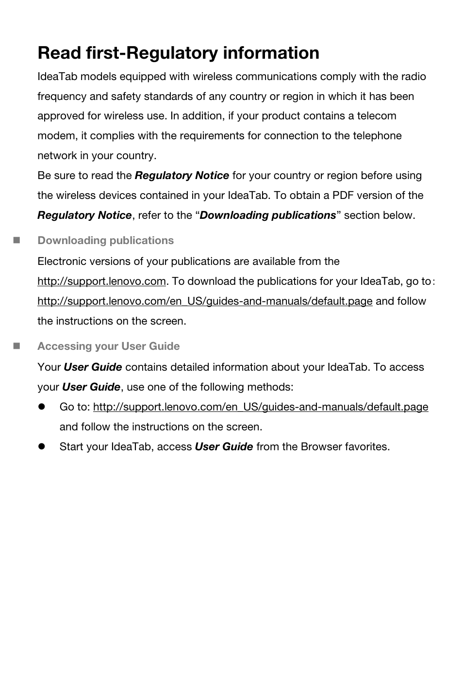 Read first-regulatory information | Lenovo A1000 Tablet User Manual | Page 2 / 28