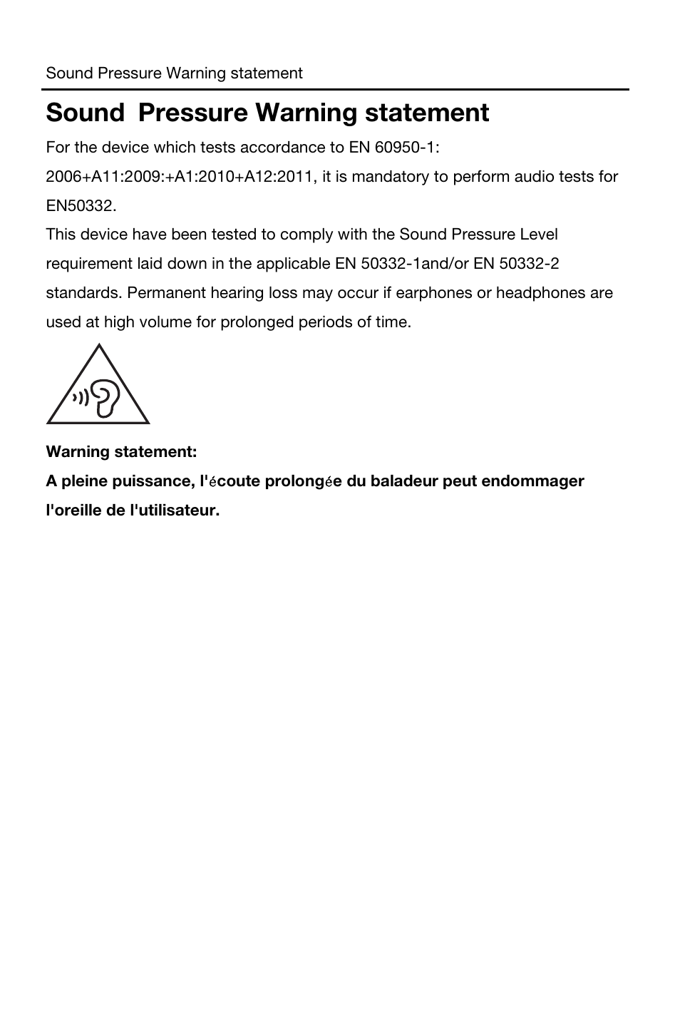 Sound pressure warning statement | Lenovo A1000 Tablet User Manual | Page 27 / 28