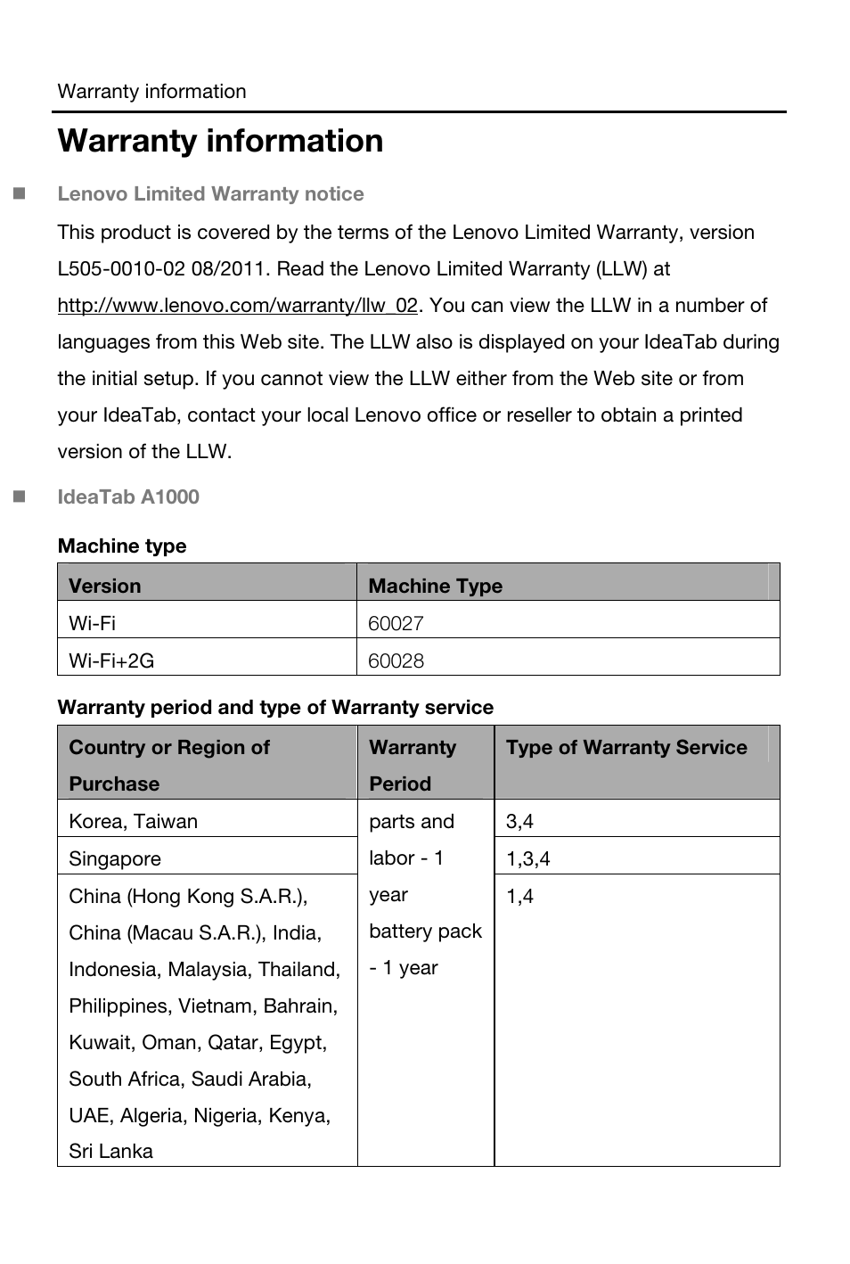 Warranty information | Lenovo A1000 Tablet User Manual | Page 9 / 28