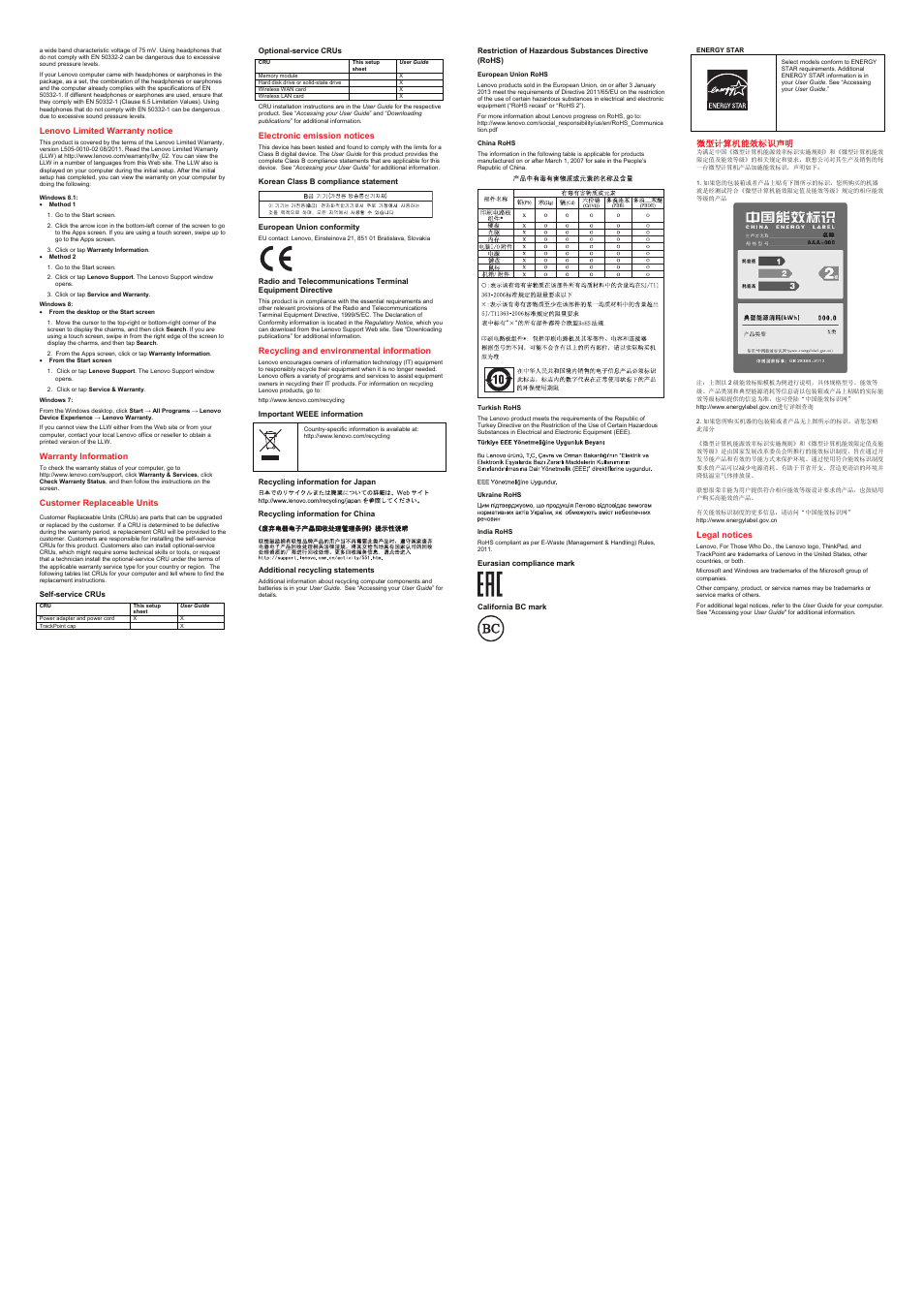 Lenovo limited warranty notice, Warranty information, Customer replaceable units | Self-service crus, Optional-service crus, Electronic emission notices, Korean class b compliance statement, European union conformity, Recycling and environmental information, Important weee information | Lenovo ThinkPad X240s User Manual | Page 2 / 2