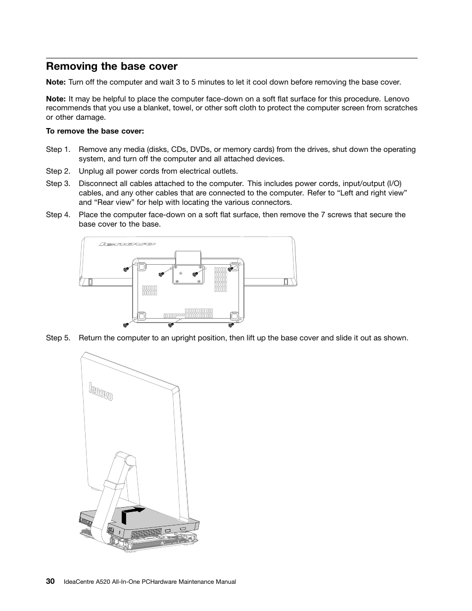 Removing the base cover | Lenovo IdeaCentre A520 All-in-One User Manual | Page 36 / 73