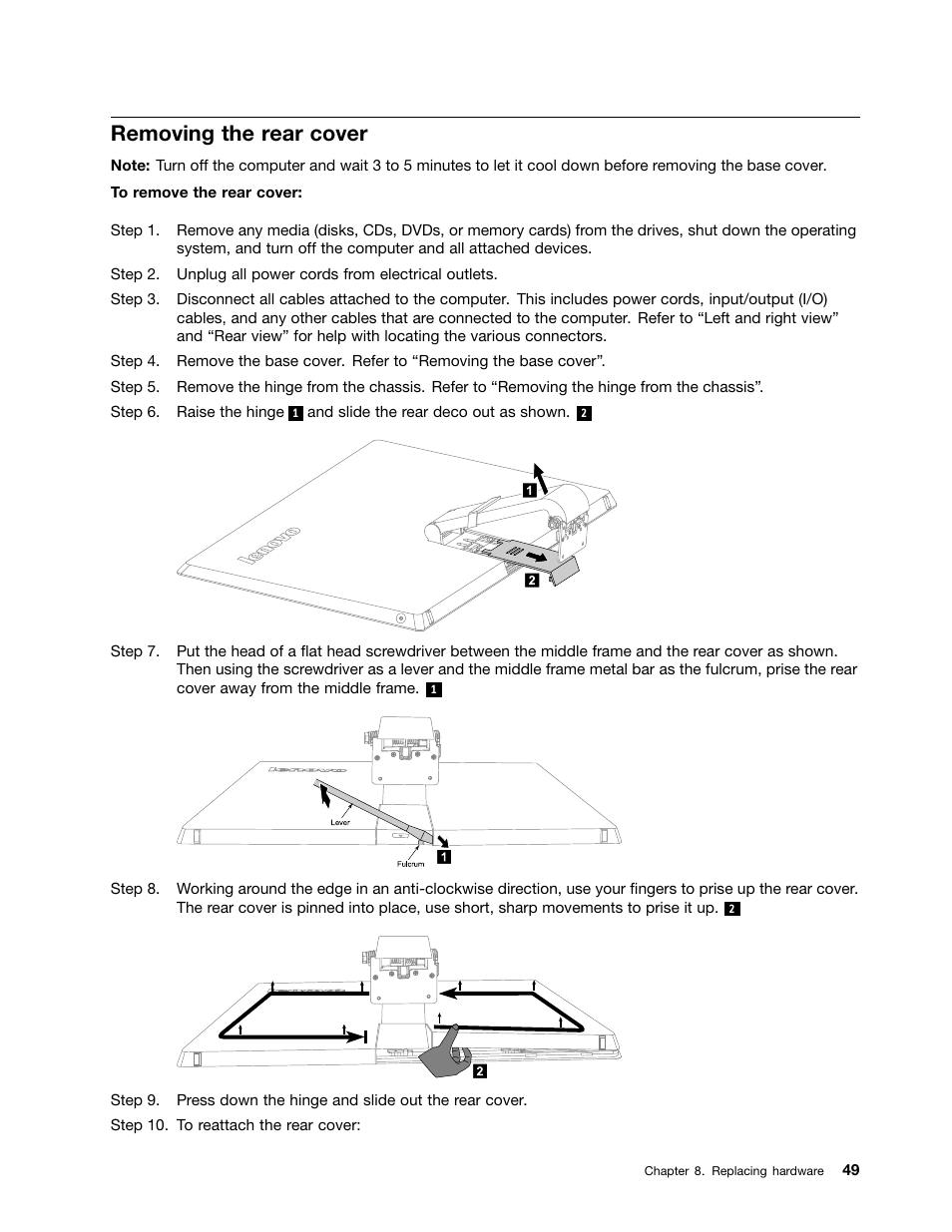 Removing the rear cover | Lenovo IdeaCentre A520 All-in-One User Manual | Page 55 / 73