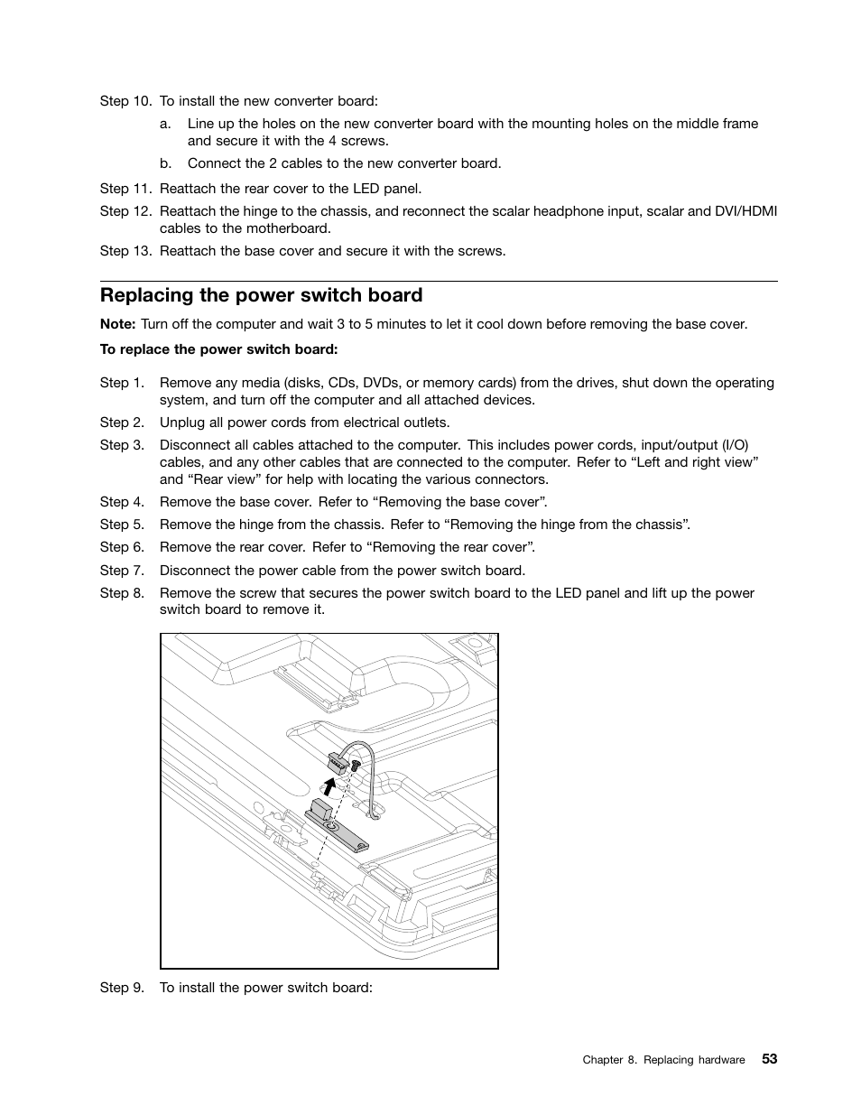 Replacing the power switch board | Lenovo IdeaCentre A520 All-in-One User Manual | Page 59 / 73