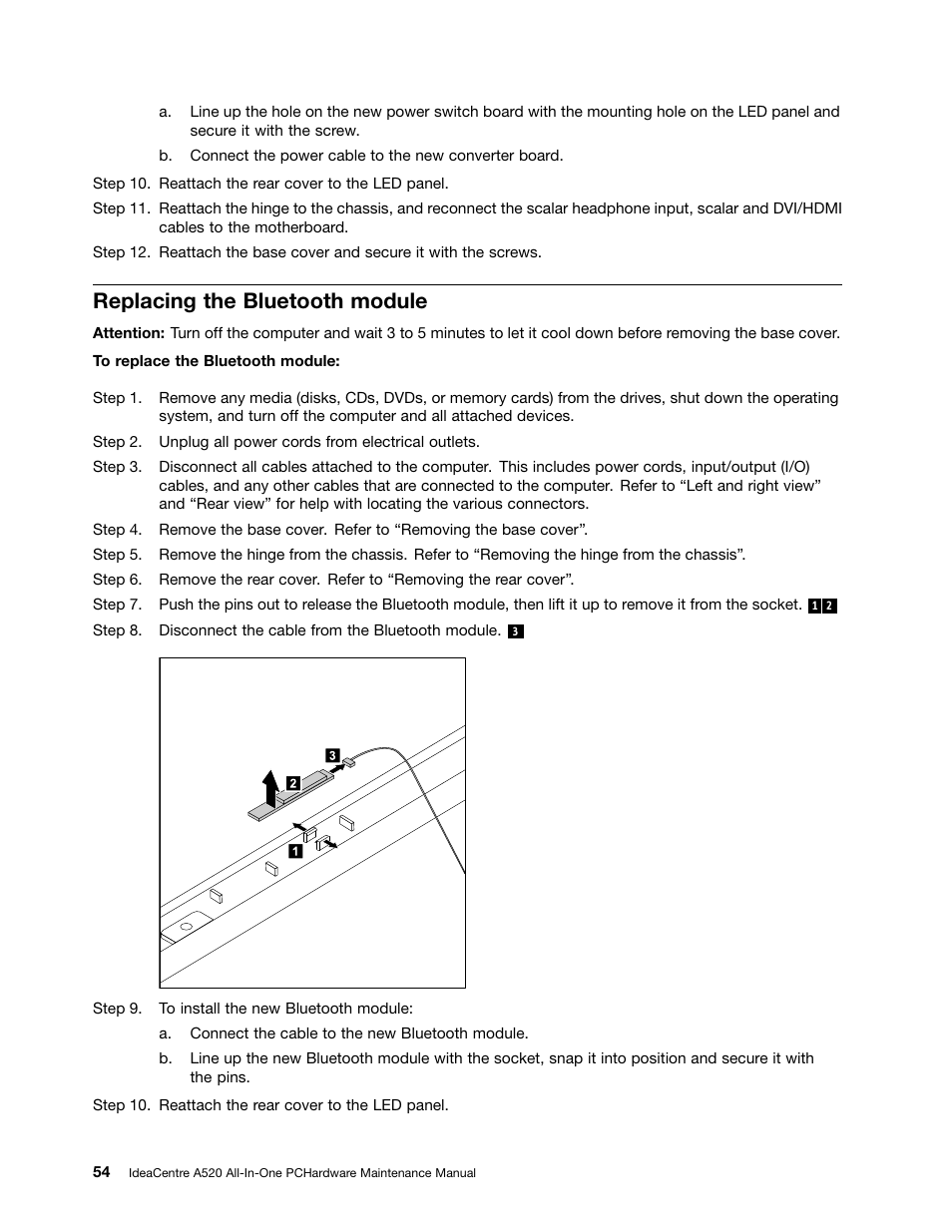 Replacing the bluetooth module | Lenovo IdeaCentre A520 All-in-One User Manual | Page 60 / 73