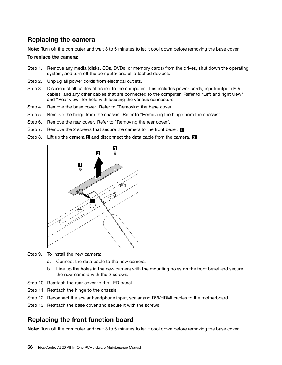 Replacing the camera, Replacing the front function board | Lenovo IdeaCentre A520 All-in-One User Manual | Page 62 / 73