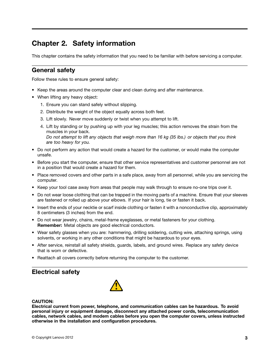 Chapter 2. safety information, General safety, Electrical safety | Lenovo IdeaCentre A520 All-in-One User Manual | Page 9 / 73