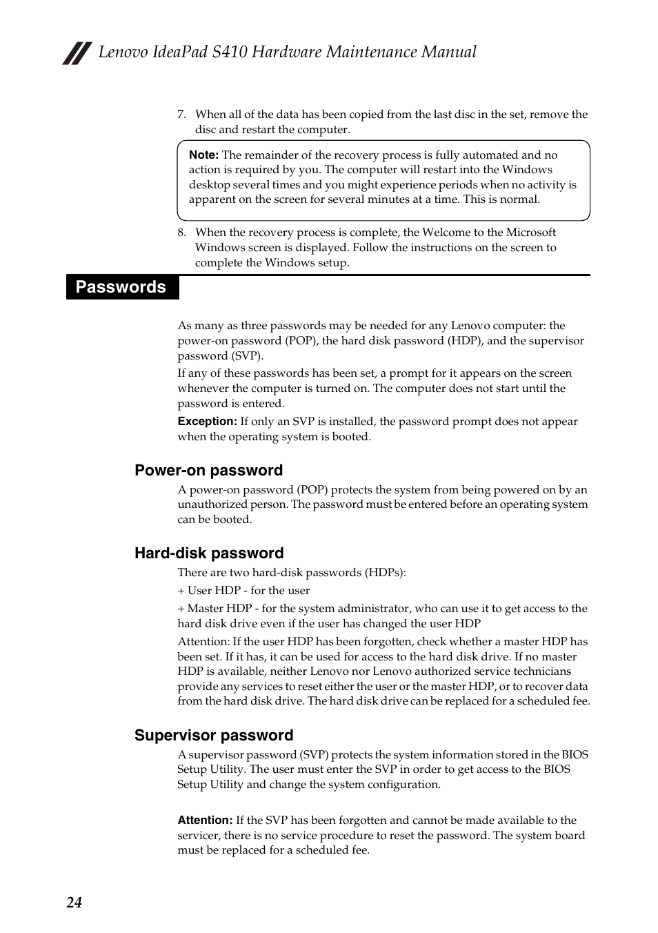 Passwords, Power-on password, Hard-disk password | Supervisor password, Lenovo ideapad s410 hardware maintenance manual | Lenovo IdeaPad S410 Notebook User Manual | Page 28 / 80