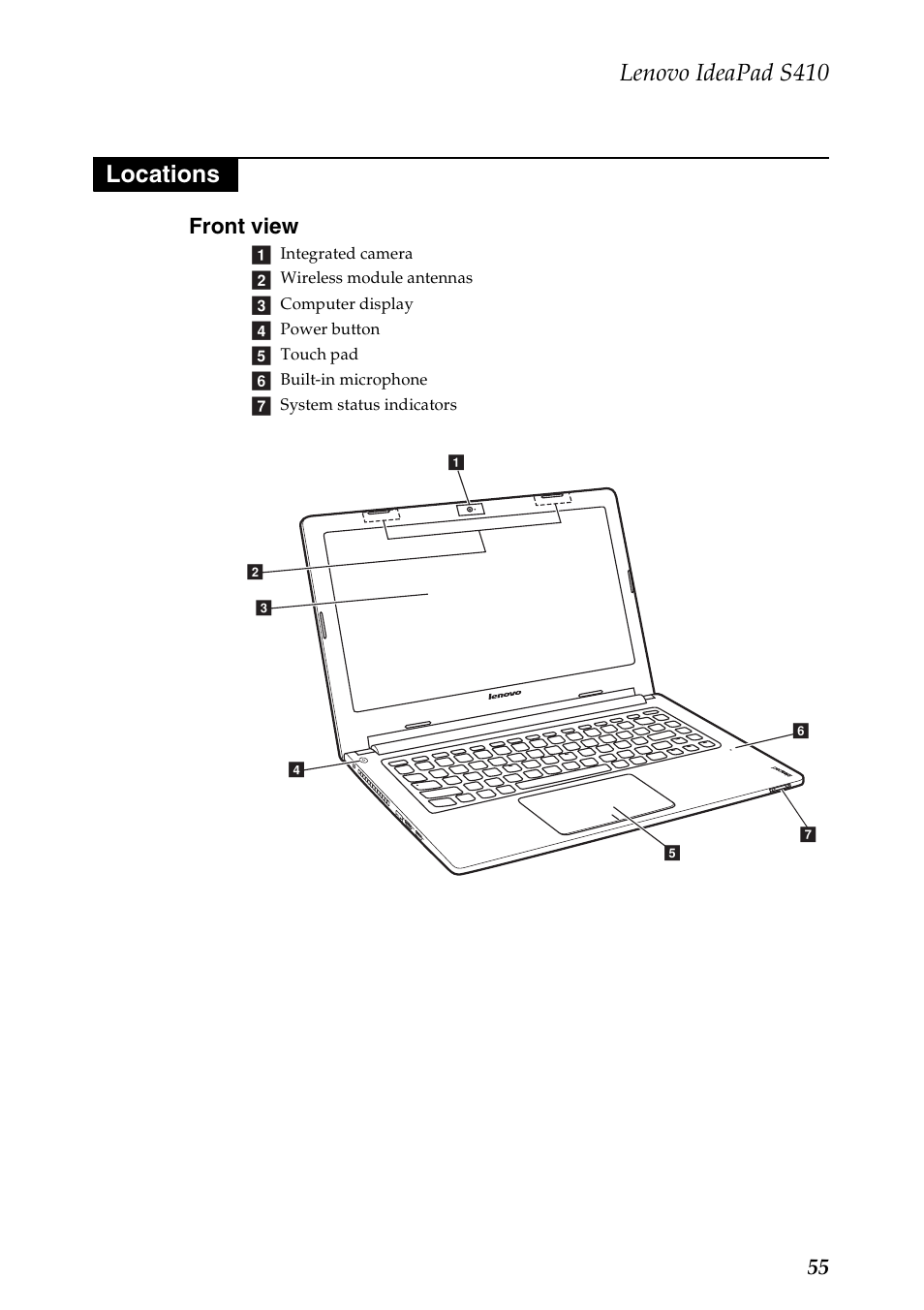 Locations, Front view, Lenovo ideapad s410 | 55 front view | Lenovo IdeaPad S410 Notebook User Manual | Page 59 / 80