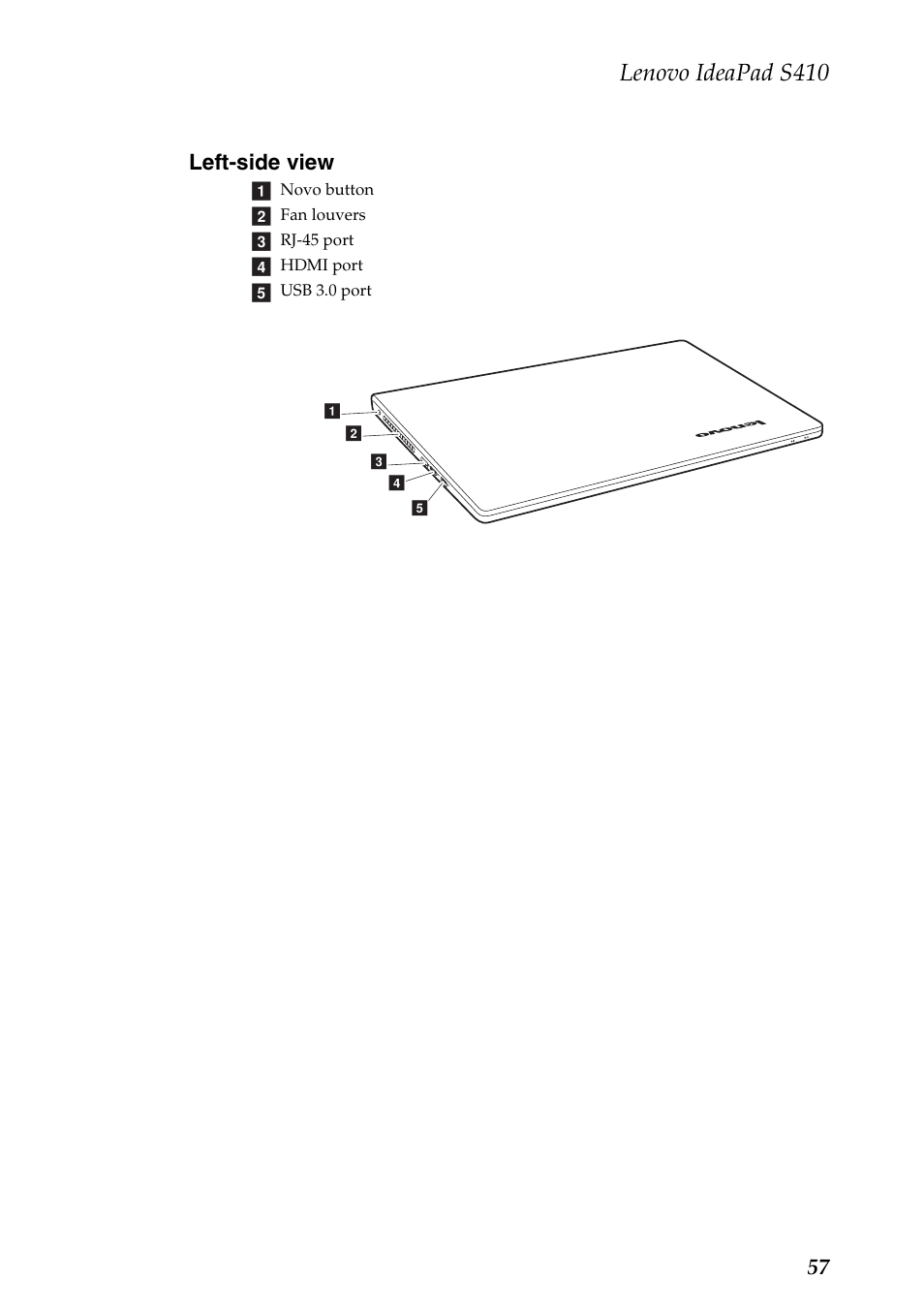 Left-side view, Lenovo ideapad s410, 57 left-side view | Lenovo IdeaPad S410 Notebook User Manual | Page 61 / 80