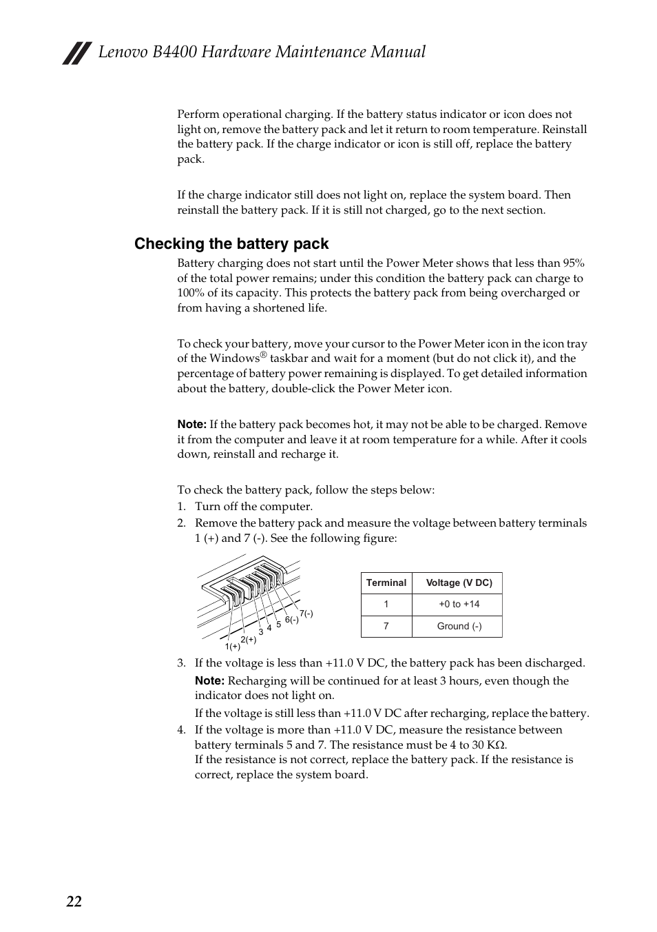 Checking the battery pack, Lenovo b4400 hardware maintenance manual | Lenovo B4400 Notebook User Manual | Page 26 / 88