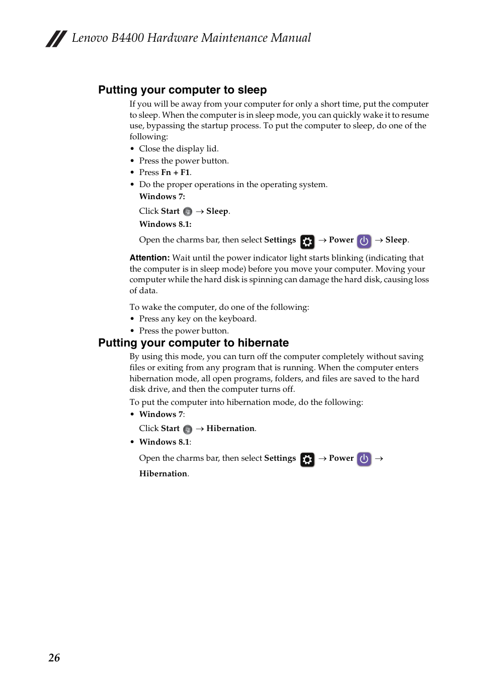 Putting your computer to sleep, Putting your computer to hibernate, Lenovo b4400 hardware maintenance manual | 26 putting your computer to sleep | Lenovo B4400 Notebook User Manual | Page 30 / 88
