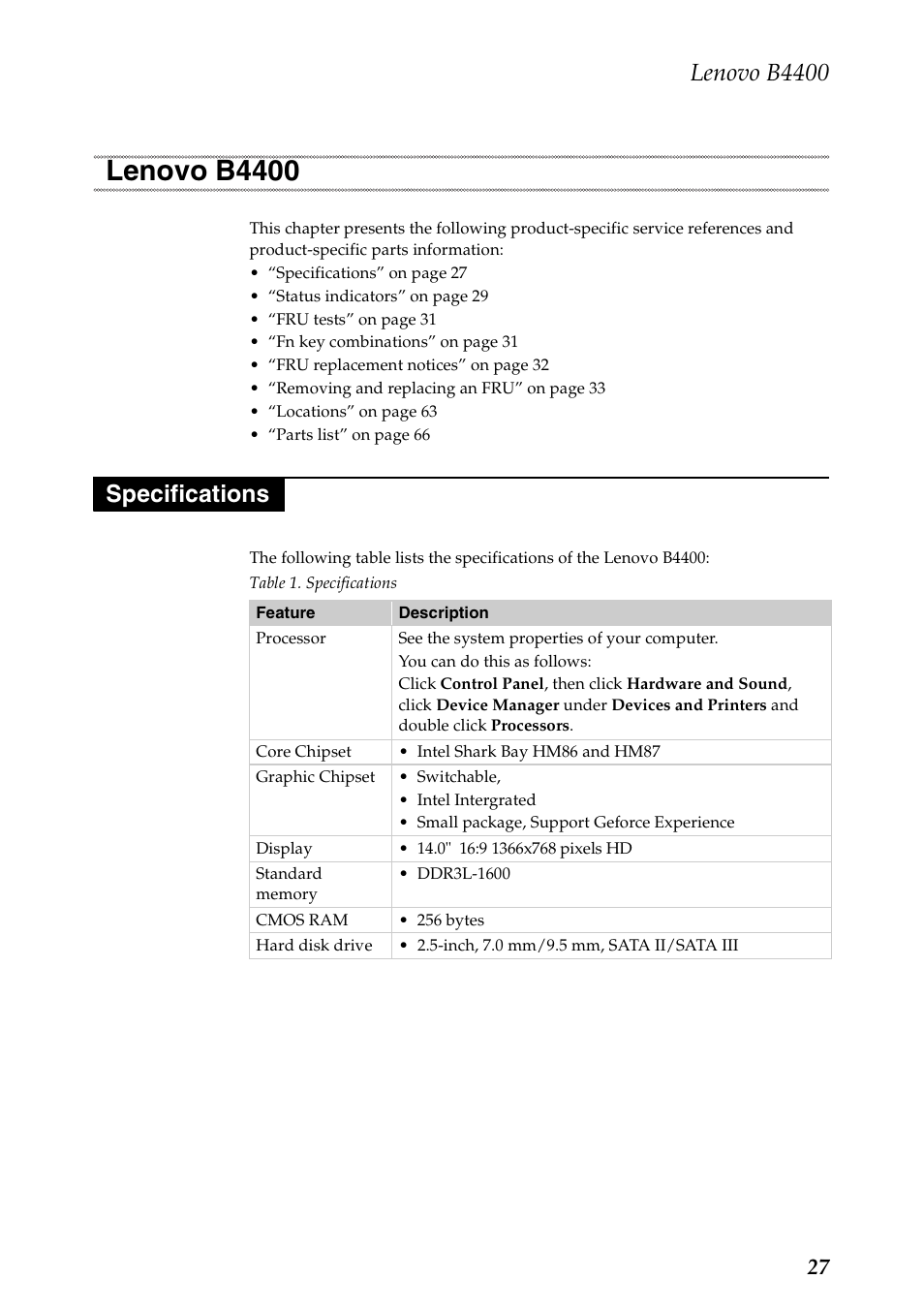 Lenovo b4400, Specifications, Lenovo b4400 specifications | Lenovo B4400 Notebook User Manual | Page 31 / 88