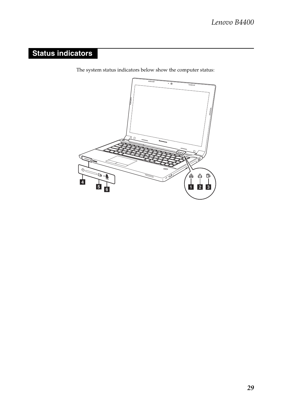 Status indicators, Lenovo b4400 | Lenovo B4400 Notebook User Manual | Page 33 / 88