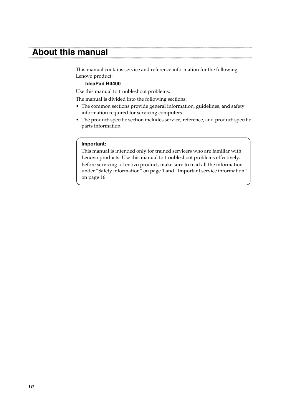 About this manual | Lenovo B4400 Notebook User Manual | Page 4 / 88