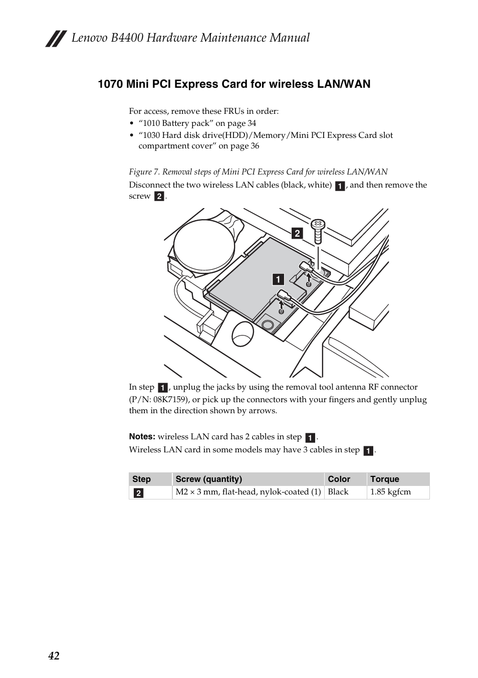 1070 mini pci express card for wireless lan/wan, Lenovo b4400 hardware maintenance manual | Lenovo B4400 Notebook User Manual | Page 46 / 88