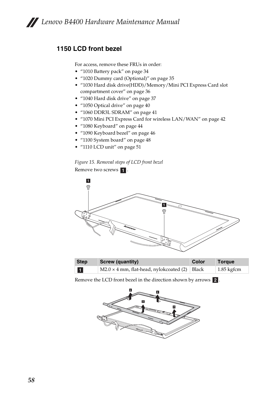 1150 lcd front bezel, Lenovo b4400 hardware maintenance manual | Lenovo B4400 Notebook User Manual | Page 62 / 88