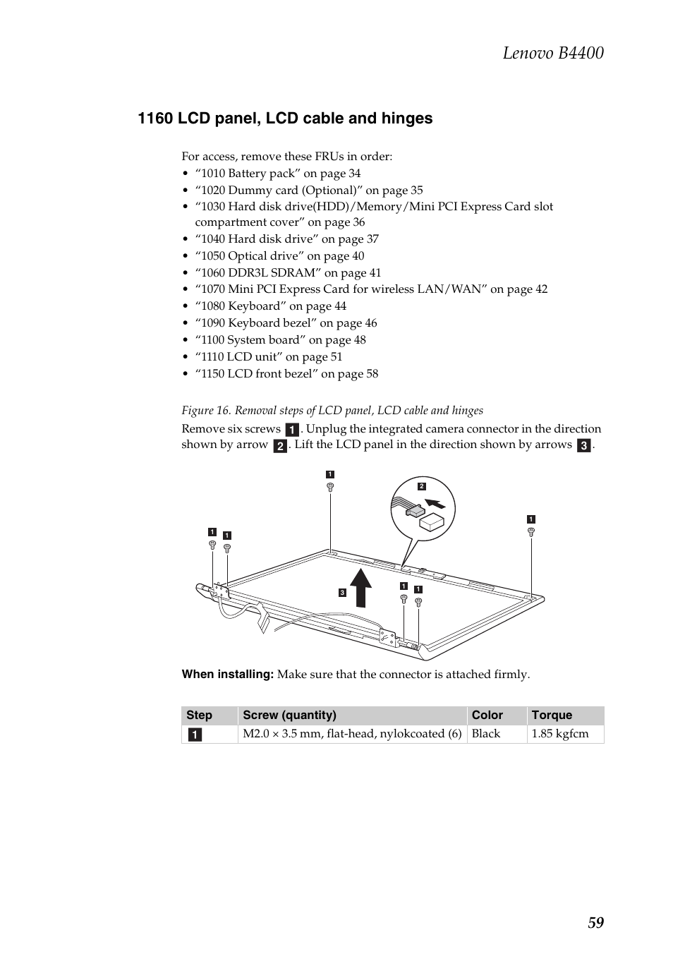 1160 lcd panel, lcd cable and hinges, Lenovo b4400, Ab c | Lenovo B4400 Notebook User Manual | Page 63 / 88