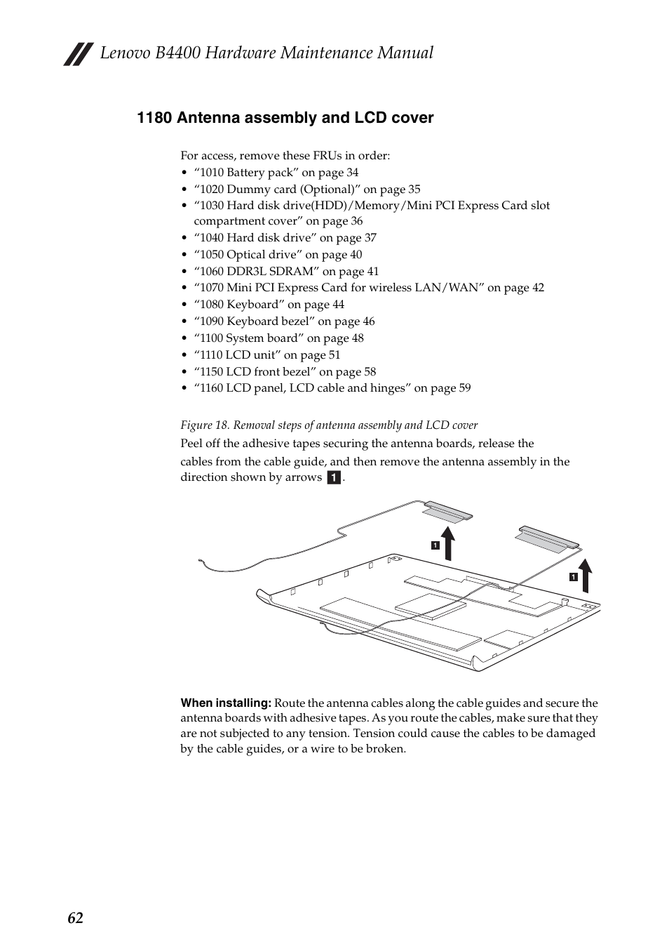 1180 antenna assembly and lcd cover, Lenovo b4400 hardware maintenance manual | Lenovo B4400 Notebook User Manual | Page 66 / 88