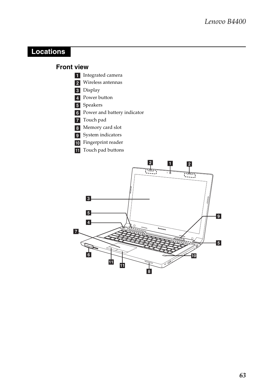 Locations, Front view, Lenovo b4400 | 63 front view | Lenovo B4400 Notebook User Manual | Page 67 / 88