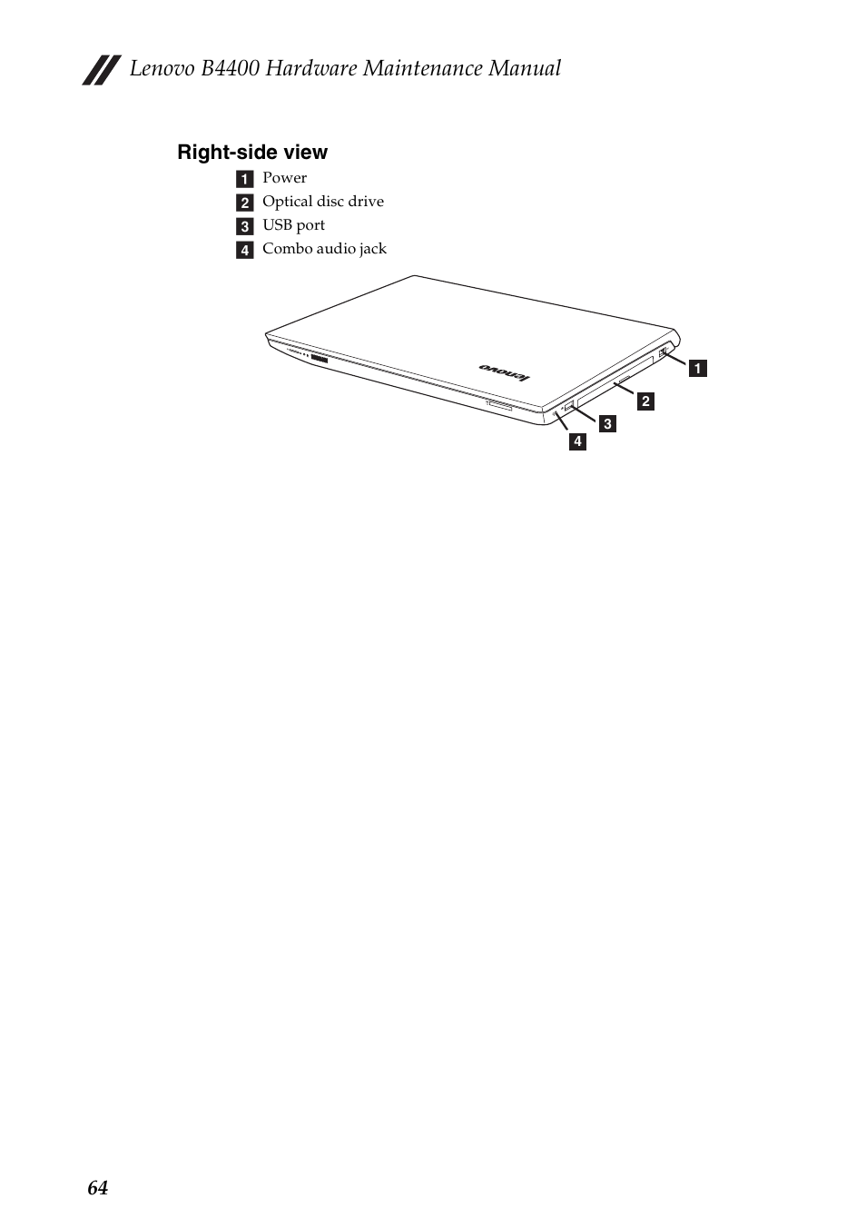 Right-side view, Lenovo b4400 hardware maintenance manual, 64 right-side view | Lenovo B4400 Notebook User Manual | Page 68 / 88