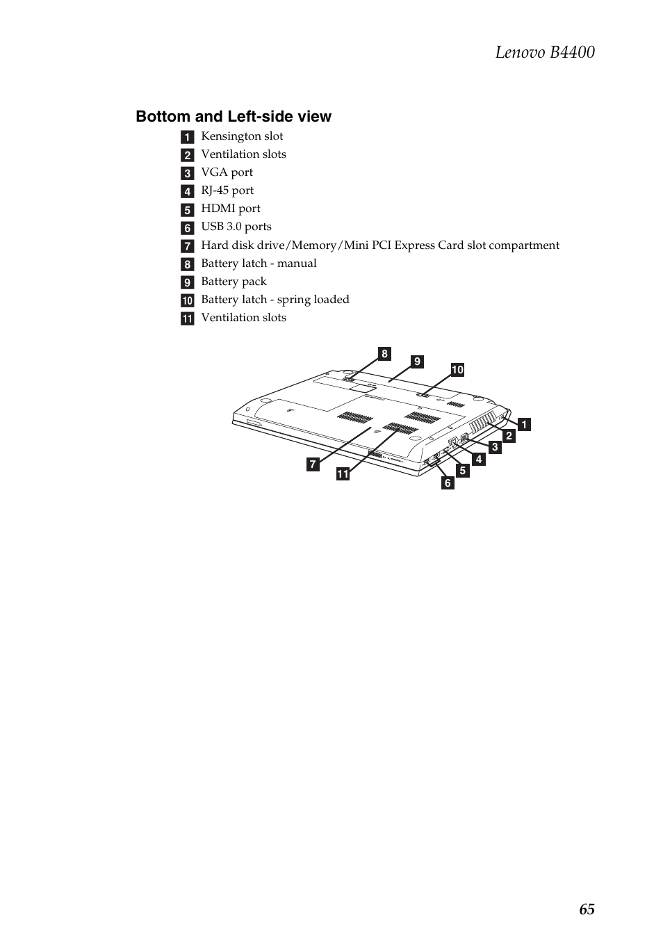 Bottom and left-side view, Lenovo b4400, 65 bottom and left-side view | Lenovo B4400 Notebook User Manual | Page 69 / 88