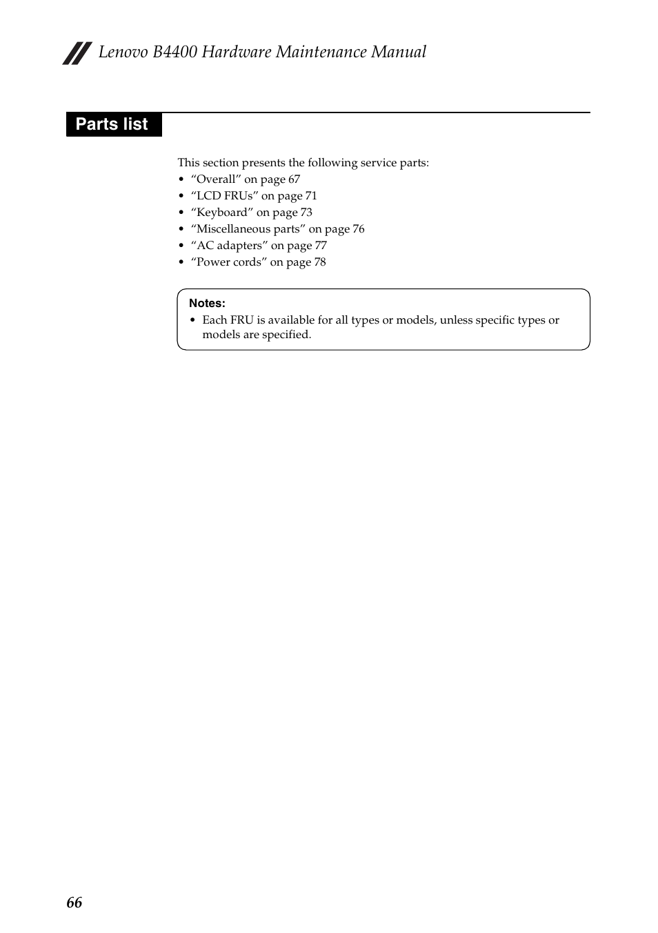 Parts list, Lenovo b4400 hardware maintenance manual | Lenovo B4400 Notebook User Manual | Page 70 / 88