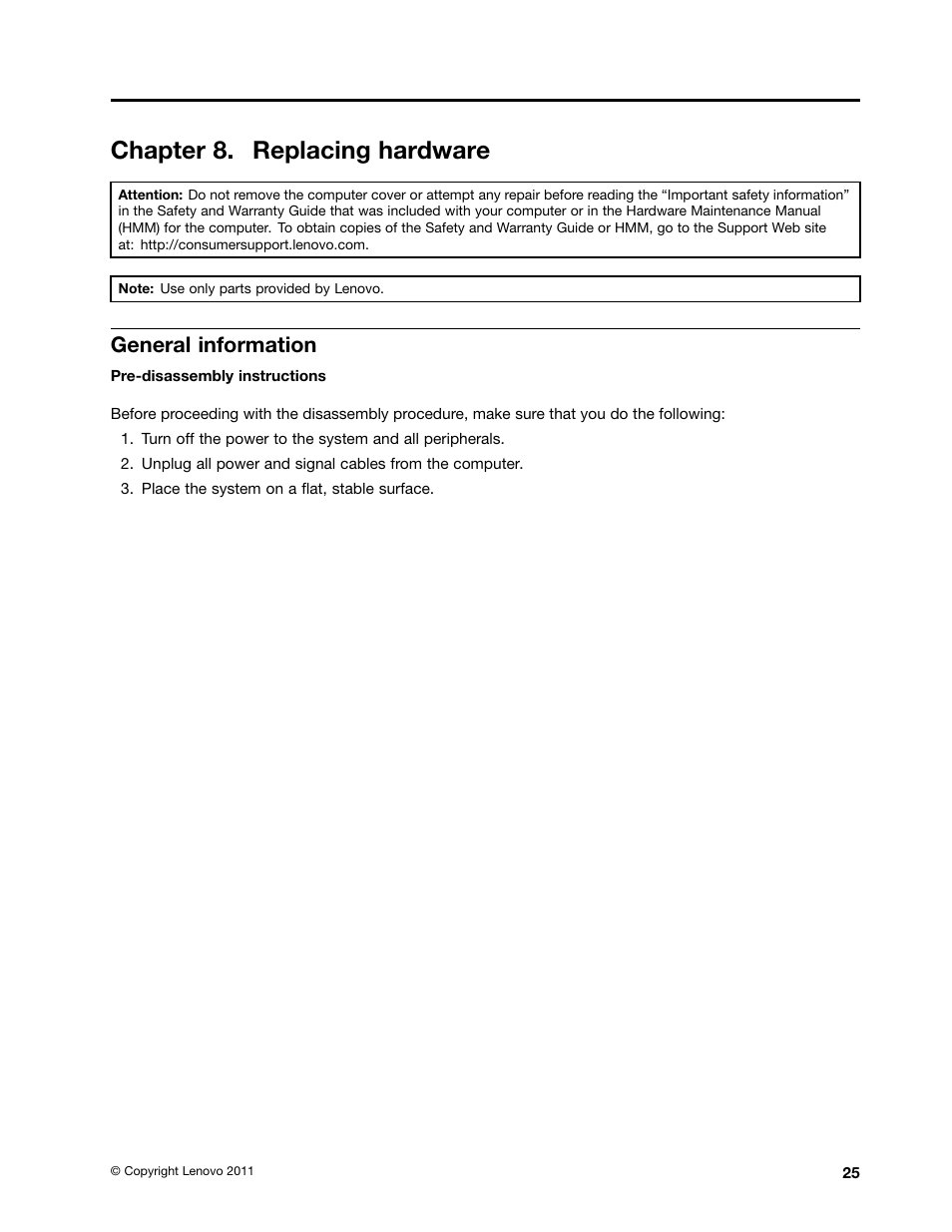 Chapter 8. replacing hardware, General information | Lenovo IdeaCentre B520e User Manual | Page 31 / 61