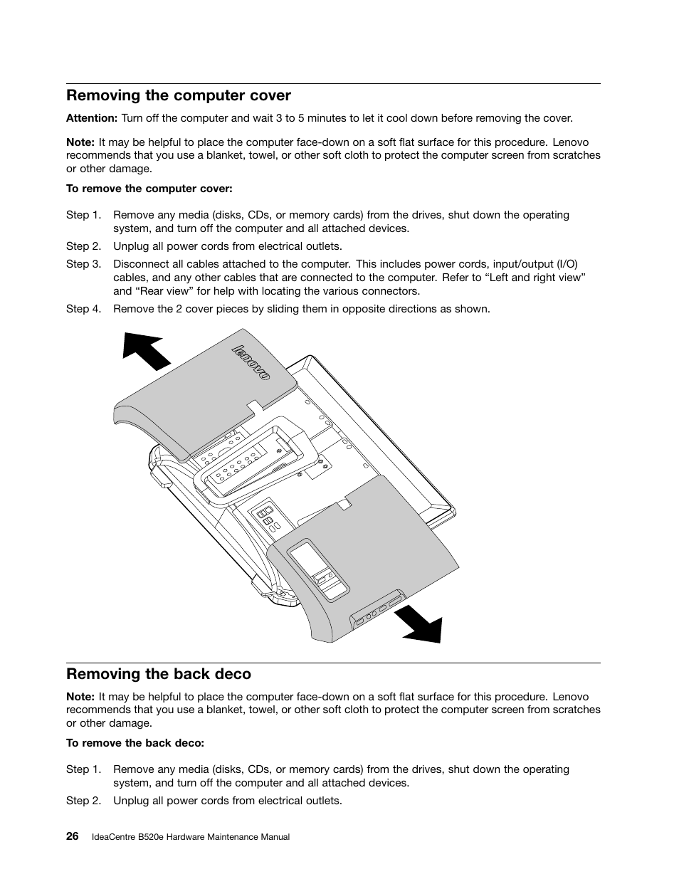 Removing the computer cover, Removing the back deco | Lenovo IdeaCentre B520e User Manual | Page 32 / 61