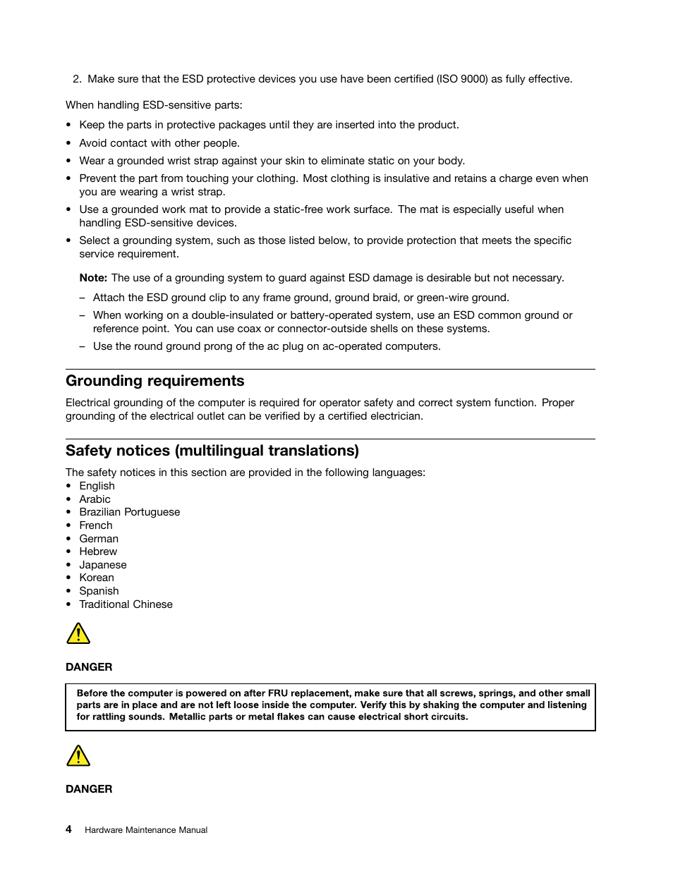 Grounding requirements, Safety notices (multilingual translations) | Lenovo E4325 User Manual | Page 10 / 88