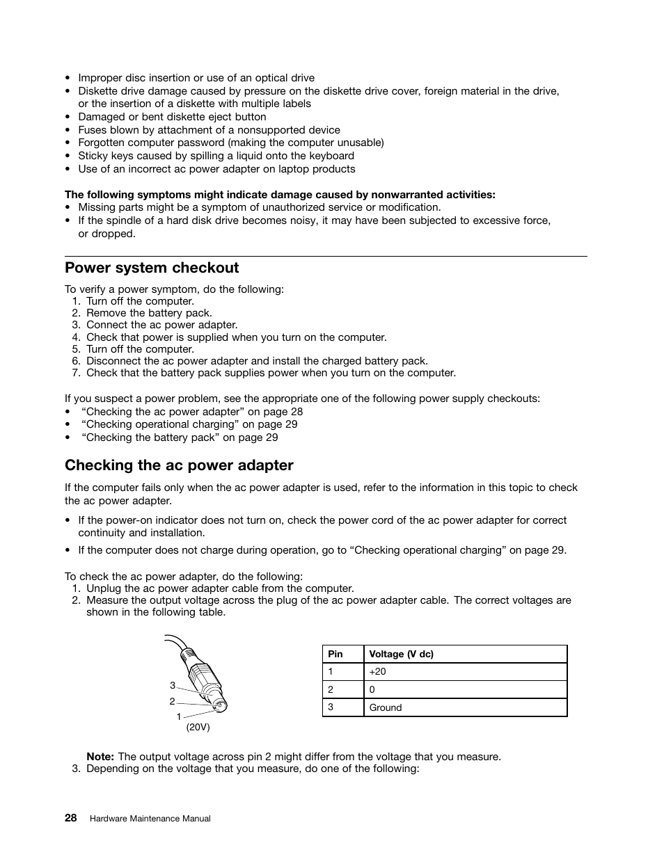 Power system checkout, Checking the ac power adapter | Lenovo E4325 User Manual | Page 34 / 88