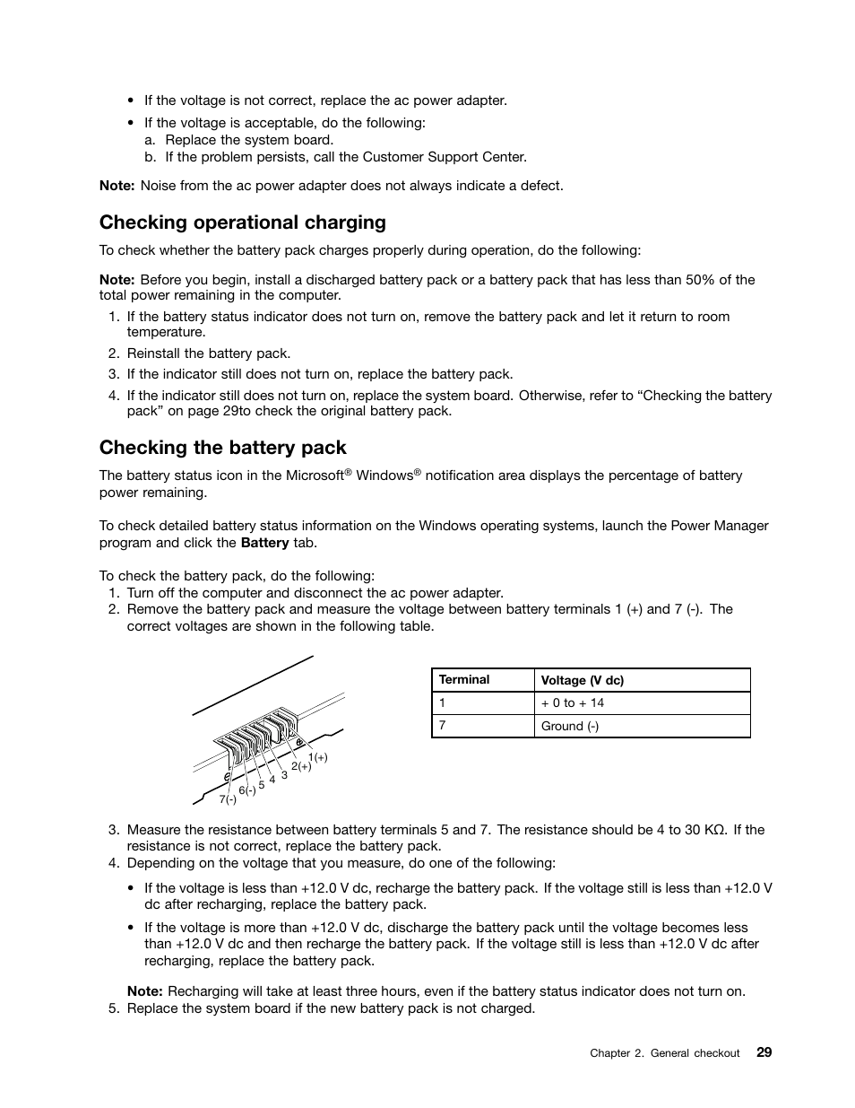 Checking operational charging, Checking the battery pack | Lenovo E4325 User Manual | Page 35 / 88