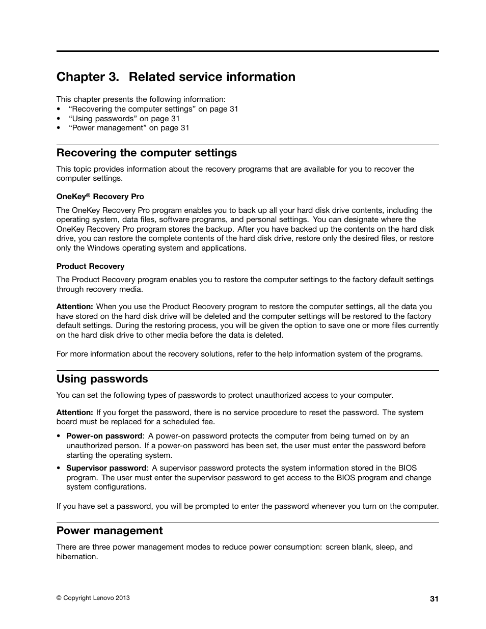 Chapter 3. related service information, Recovering the computer settings, Using passwords | Power management | Lenovo E4325 User Manual | Page 37 / 88