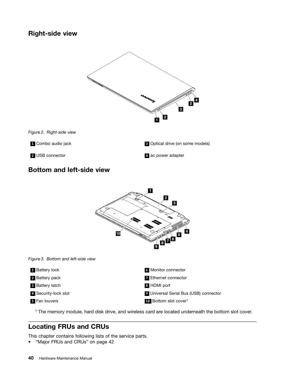 Right-side view, Bottom and left-side view, Locating frus and crus | Lenovo E4325 User Manual | Page 46 / 88
