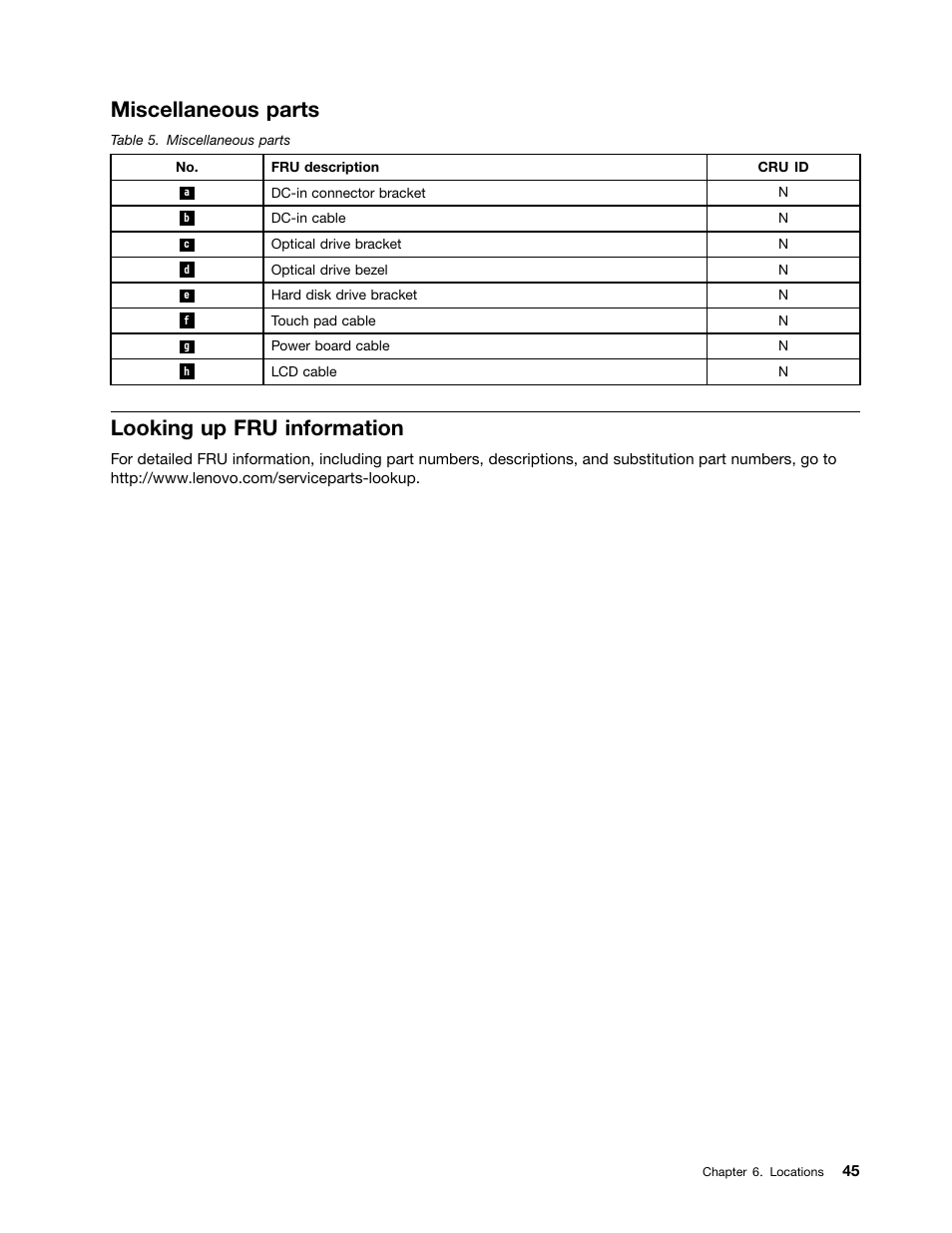 Miscellaneous parts, Looking up fru information | Lenovo E4325 User Manual | Page 51 / 88