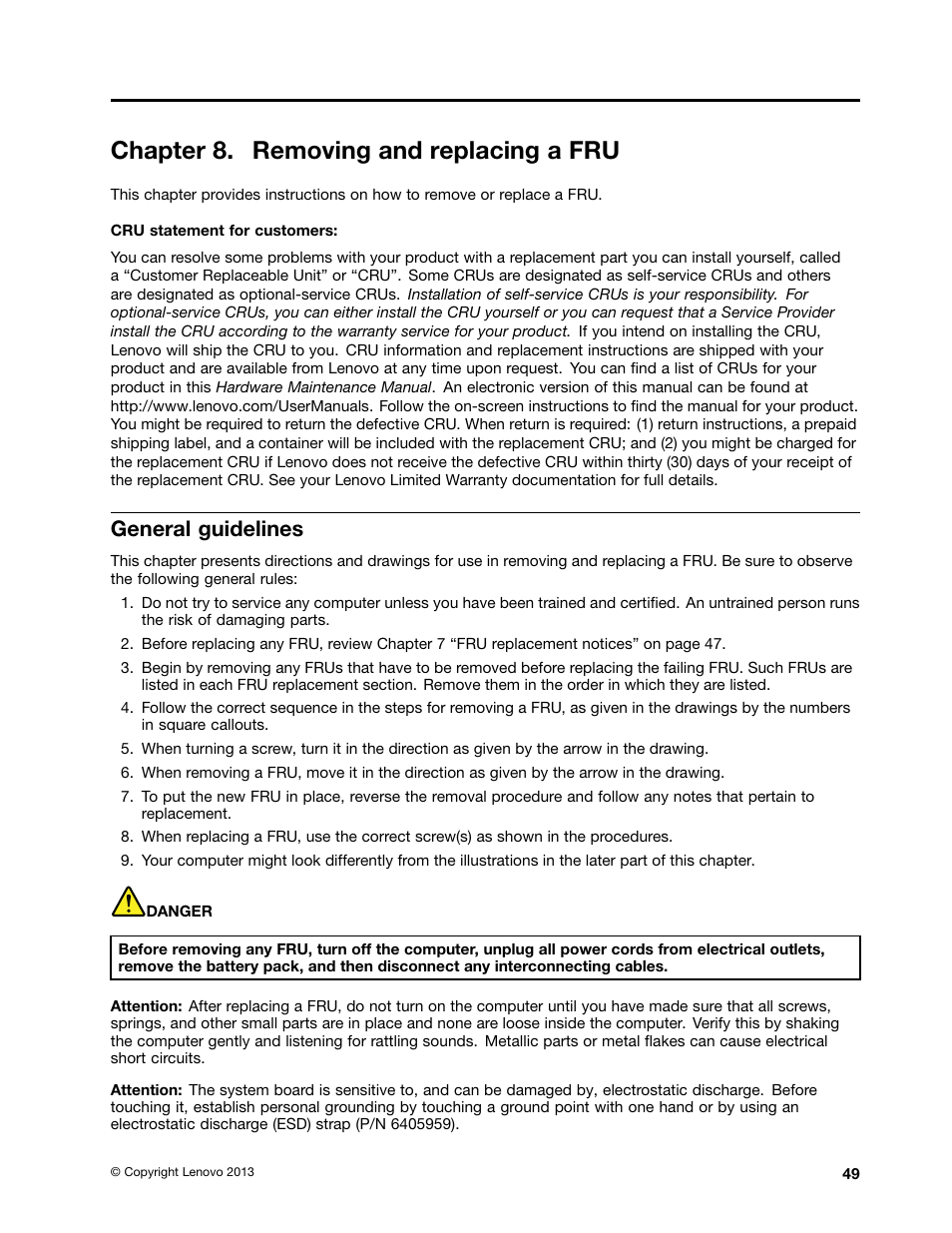 Chapter 8. removing and replacing a fru, General guidelines | Lenovo E4325 User Manual | Page 55 / 88
