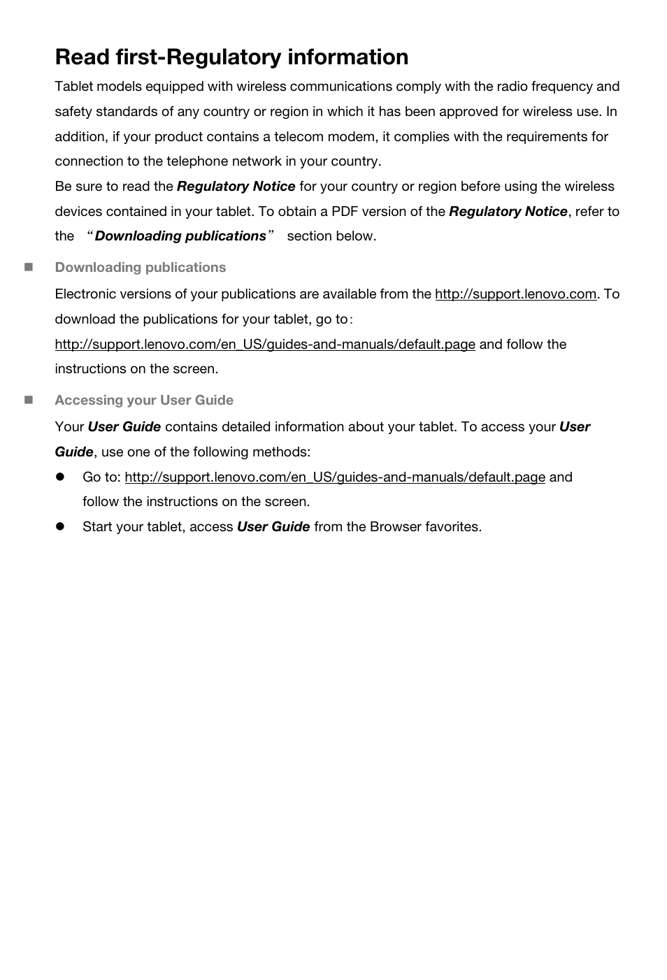 Lenovo s6000l-f ipig v0 1 en 125_85_20130813, Read first-regulatory information | Lenovo S6000L Tablet User Manual | Page 2 / 21
