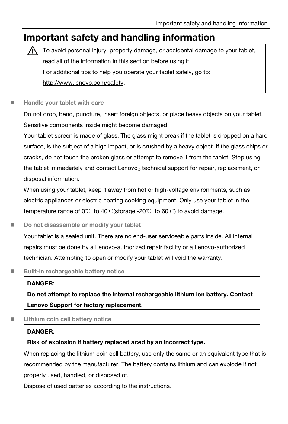 Important safety and handling information | Lenovo S6000L Tablet User Manual | Page 4 / 21