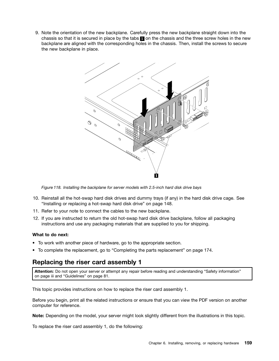 Replacing the riser card assembly 1, Replacing the riser | Lenovo ThinkServer RD430 User Manual | Page 171 / 216