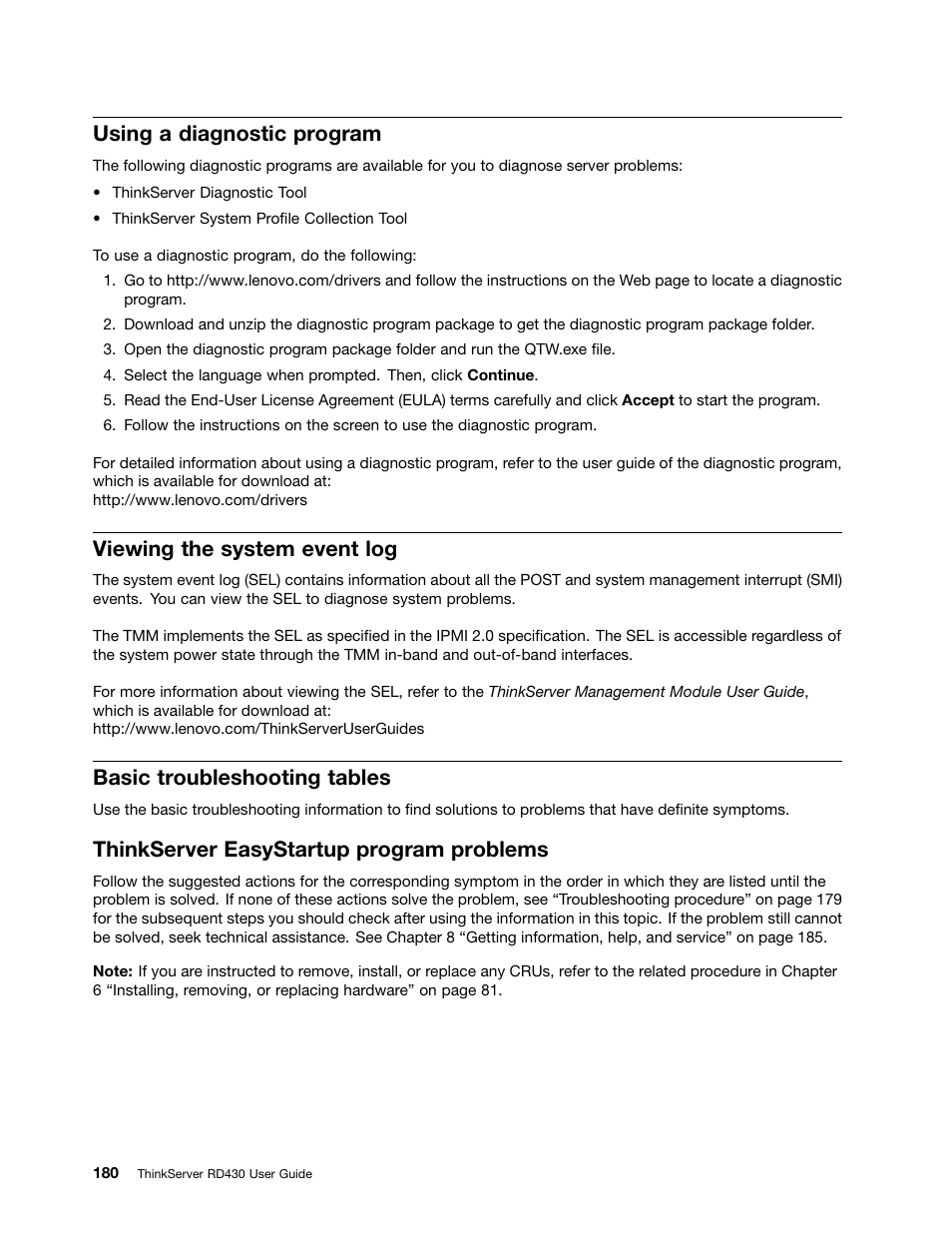 Using a diagnostic program, Viewing the system event log, Basic troubleshooting tables | Thinkserver easystartup program problems, Using a diagnostic program” on | Lenovo ThinkServer RD430 User Manual | Page 192 / 216