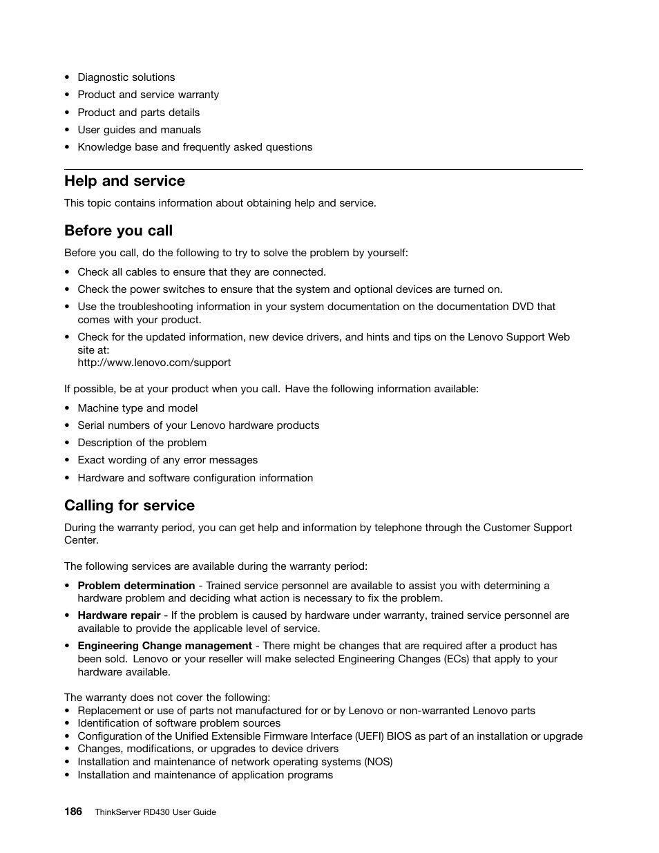 Help and service, Before you call, Calling for service | Lenovo ThinkServer RD430 User Manual | Page 198 / 216