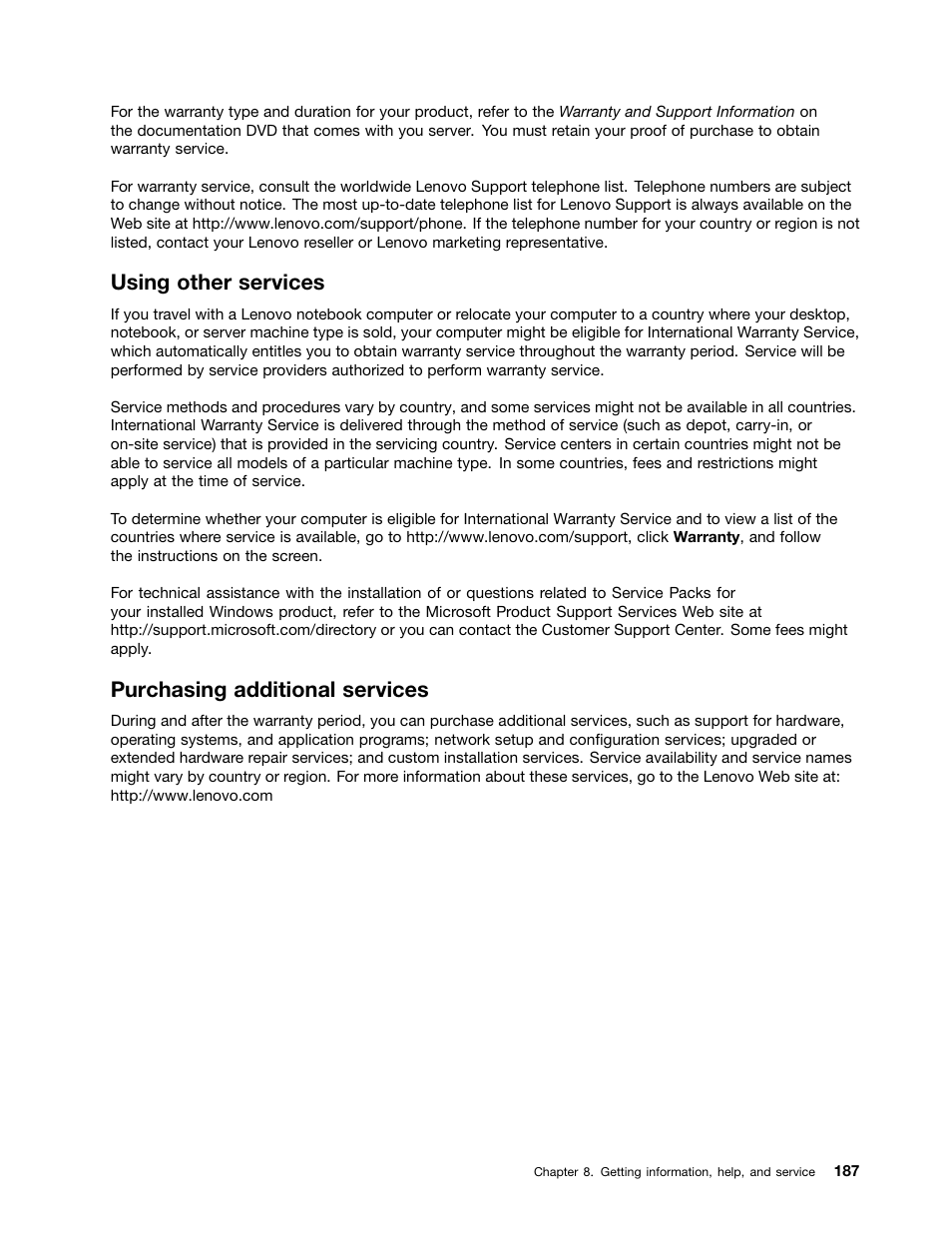 Using other services, Purchasing additional services | Lenovo ThinkServer RD430 User Manual | Page 199 / 216