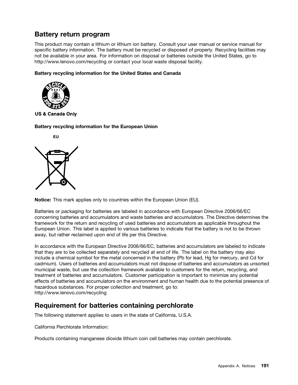Battery return program, Requirement for batteries containing perchlorate | Lenovo ThinkServer RD430 User Manual | Page 203 / 216