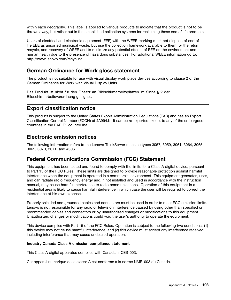 German ordinance for work gloss statement, Export classification notice, Electronic emission notices | Federal communications commission (fcc) statement | Lenovo ThinkServer RD430 User Manual | Page 205 / 216