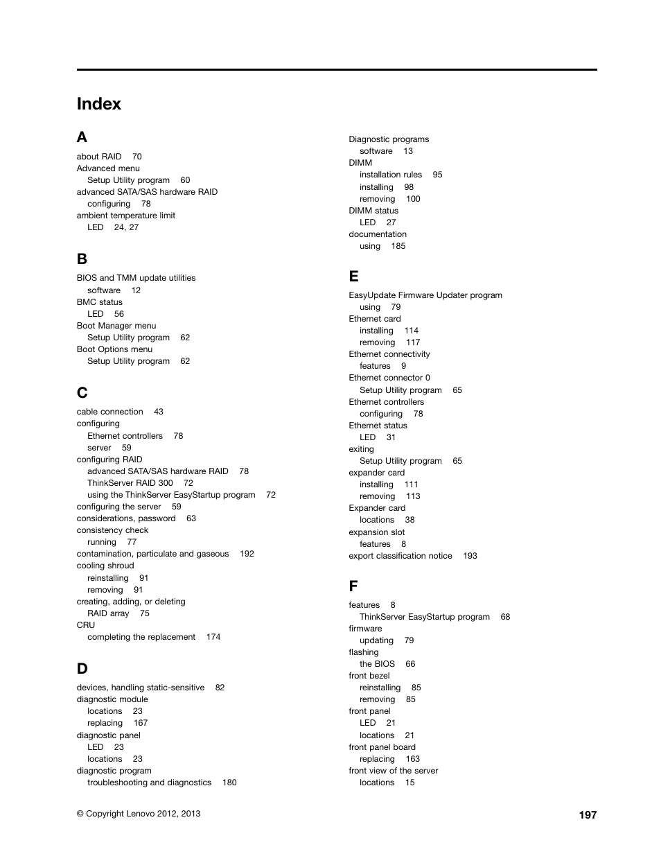 Index | Lenovo ThinkServer RD430 User Manual | Page 209 / 216