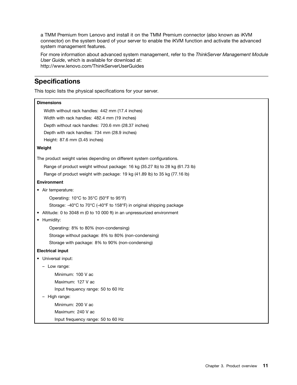 Specifications | Lenovo ThinkServer RD430 User Manual | Page 23 / 216