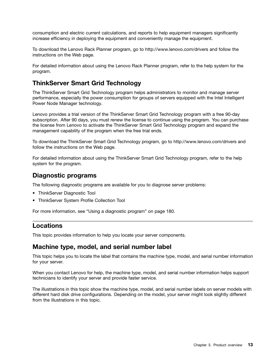 Thinkserver smart grid technology, Diagnostic programs, Locations | Machine type, model, and serial number label | Lenovo ThinkServer RD430 User Manual | Page 25 / 216