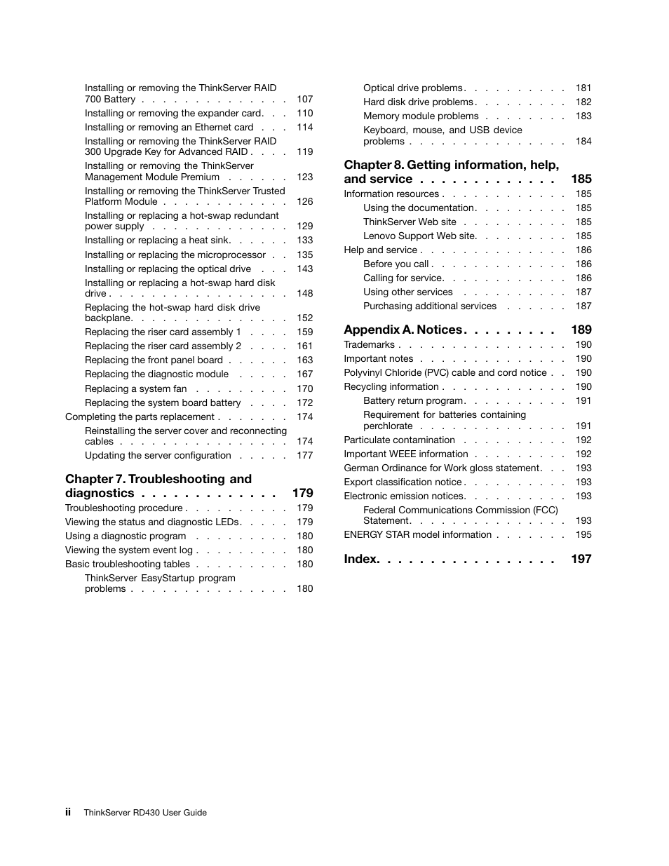 Chapter 7. troubleshooting and diagnostics, Chapter 8. getting information, help, and service, Appendix a. notices | Index | Lenovo ThinkServer RD430 User Manual | Page 4 / 216