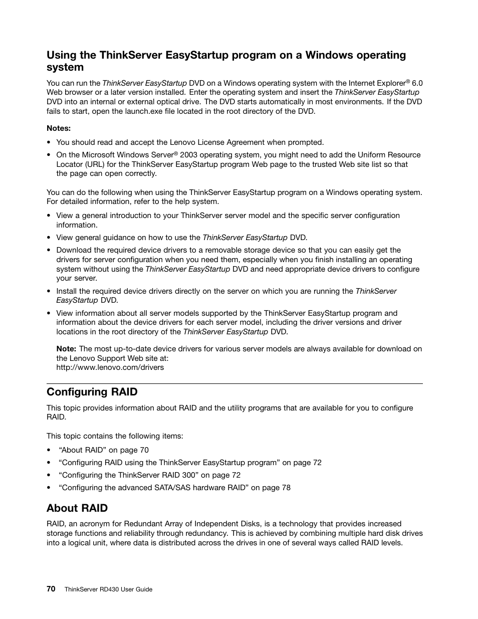 Configuring raid, About raid | Lenovo ThinkServer RD430 User Manual | Page 82 / 216