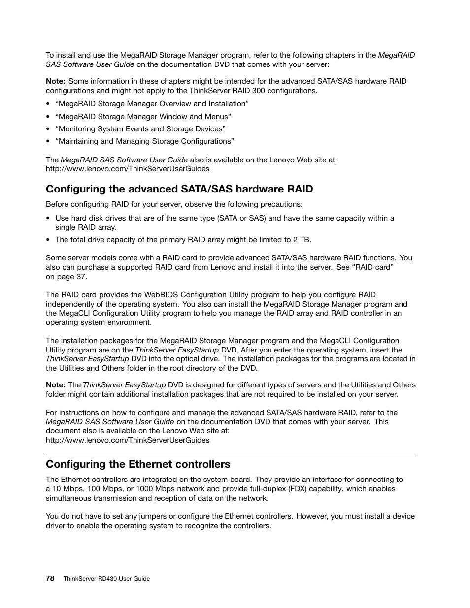 Configuring the advanced sata/sas hardware raid, Configuring the ethernet controllers | Lenovo ThinkServer RD430 User Manual | Page 90 / 216