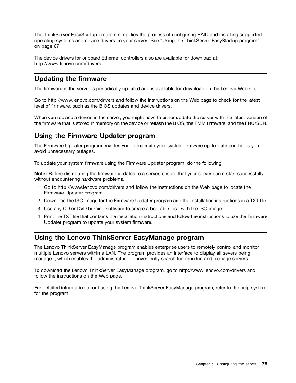 Updating the firmware, Using the firmware updater program, Using the lenovo thinkserver easymanage program | Lenovo ThinkServer RD430 User Manual | Page 91 / 216